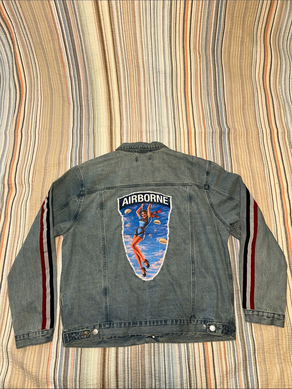 Upcycled PacSun Light Blue Denim Jacket with Red, White and Navy Sleeve Stripes - Picture 5 of 5